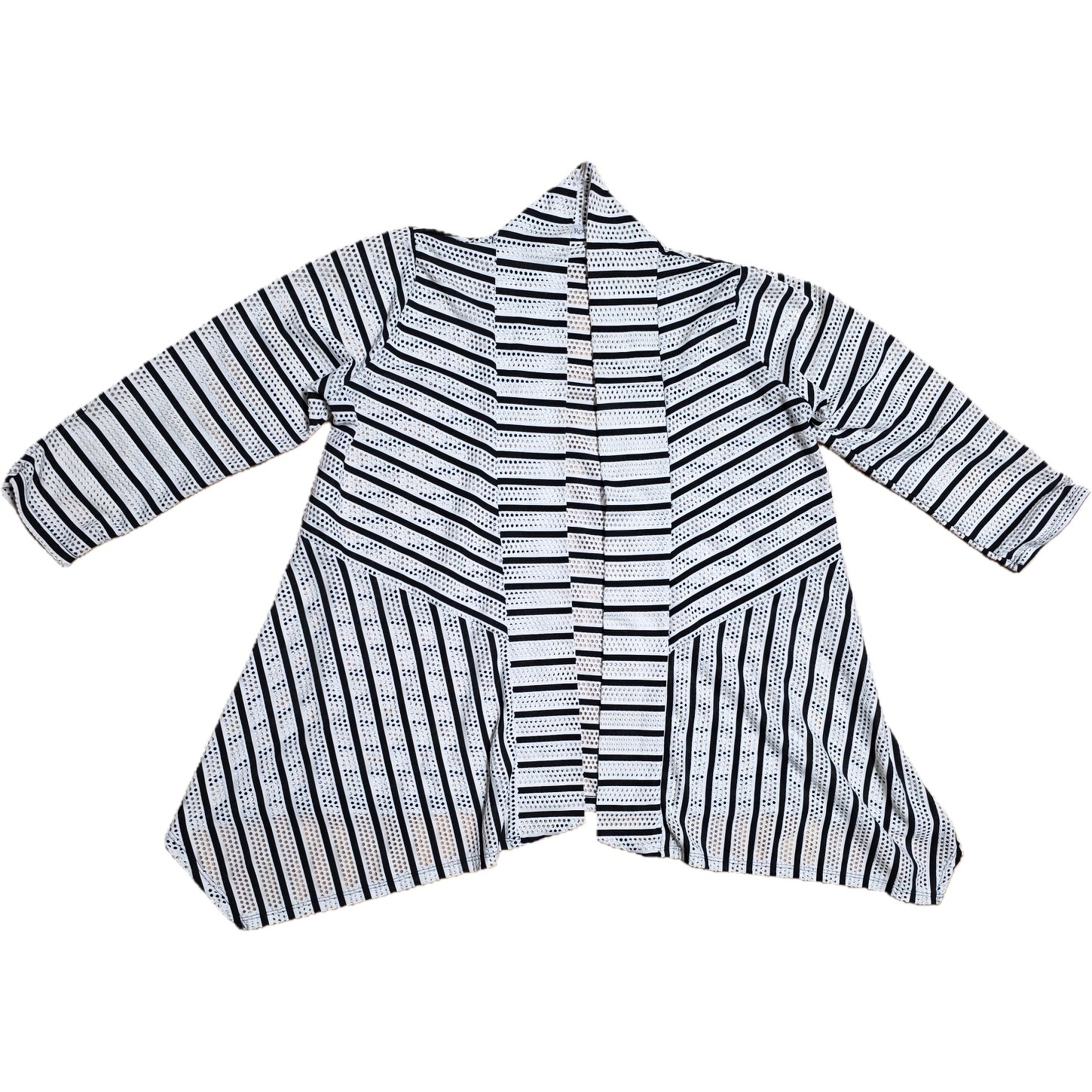 Kim Rogers Women's Black White Striped Eyelet Open Front Cardigan Size Medium
